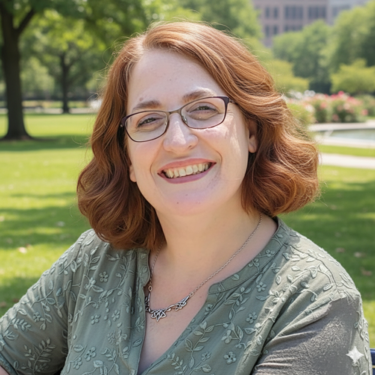 Photo of Beckie Dee with a park in the background.